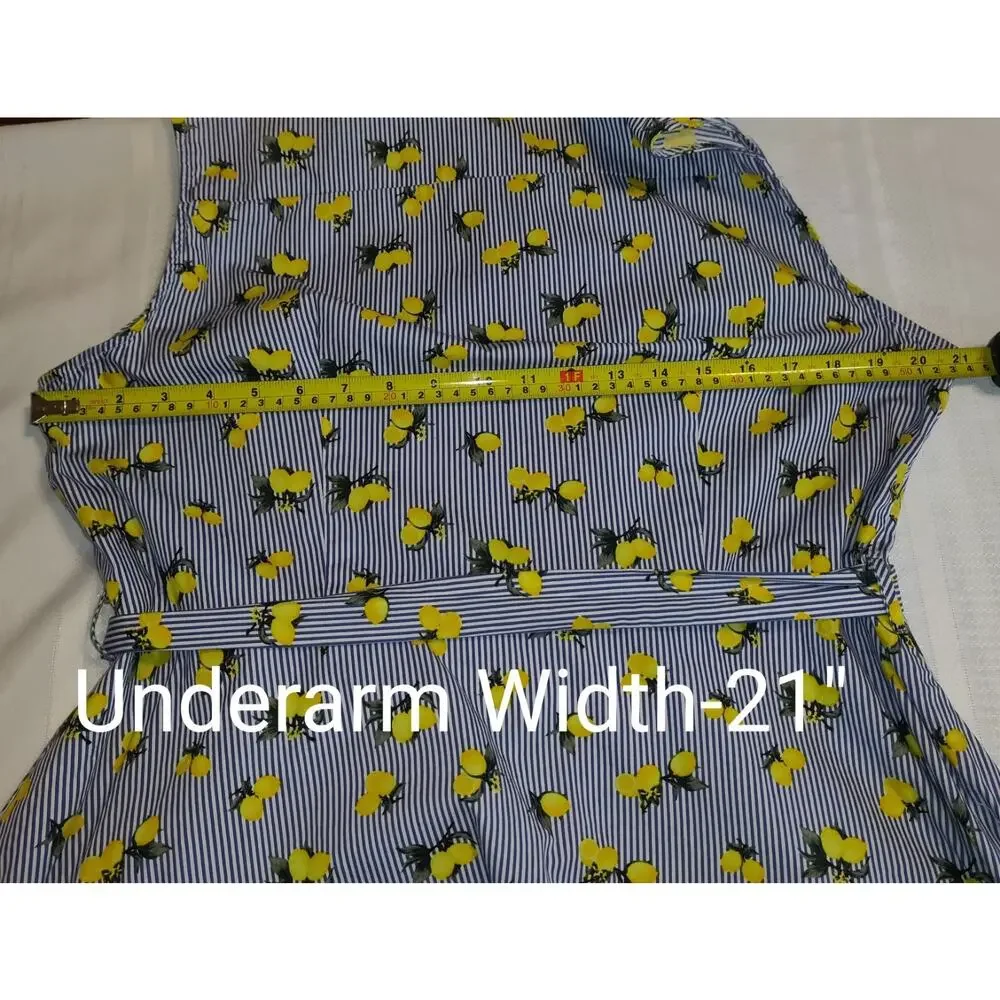 Chloe & Rene Blue Pinstripe Sleeveless Shirt Dress XL Lemon Print Cotton Belted - Picture 13 of 16